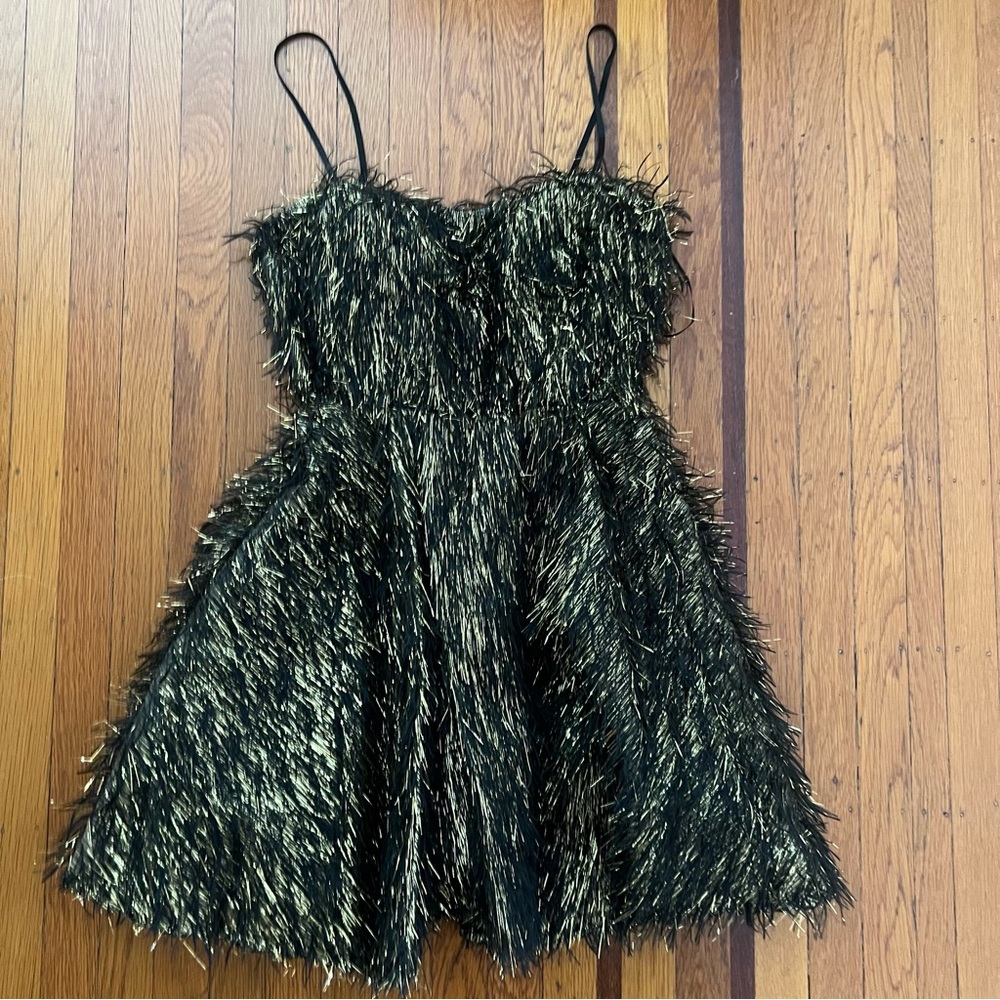 NWT Maniju black gold metallic dress ruffled m medium cocktail fringe sparkle